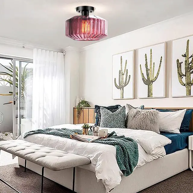 Alt view image 6 of 7 - Purple Ceiling Light Glass Flush Mount Ceiling Light Mid Century Modern Lights Fixtures with Striped Shade Semi Flush Mount Lamp for Bedroom Dining Room Hallway