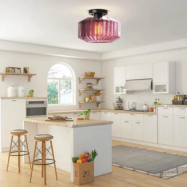 Alt view image 7 of 7 - Purple Ceiling Light Glass Flush Mount Ceiling Light Mid Century Modern Lights Fixtures with Striped Shade Semi Flush Mount Lamp for Bedroom Dining Room Hallway