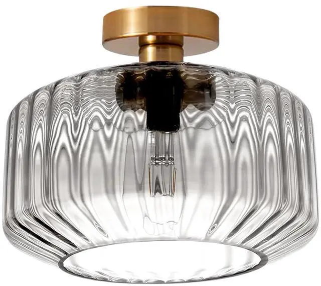 Main image of Modern Flush Mount Ceiling Light Brushed Gold Ceiling Light Fixture Striped Glass Mid Century Close to Ceiling Lamp Clear Glass Ceiling Pendant Light for Indoor Hallway Porch Bedroom