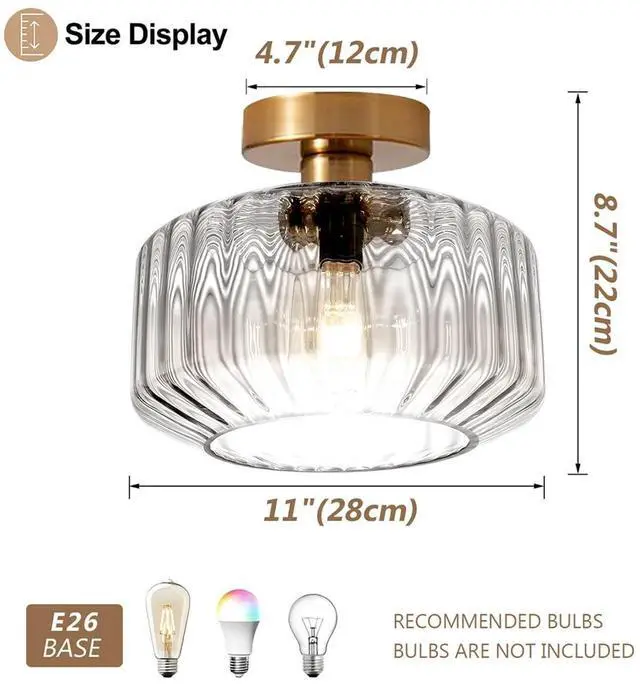 Alt view image 2 of 7 - Modern Flush Mount Ceiling Light Brushed Gold Ceiling Light Fixture Striped Glass Mid Century Close to Ceiling Lamp Clear Glass Ceiling Pendant Light for Indoor Hallway Porch Bedroom