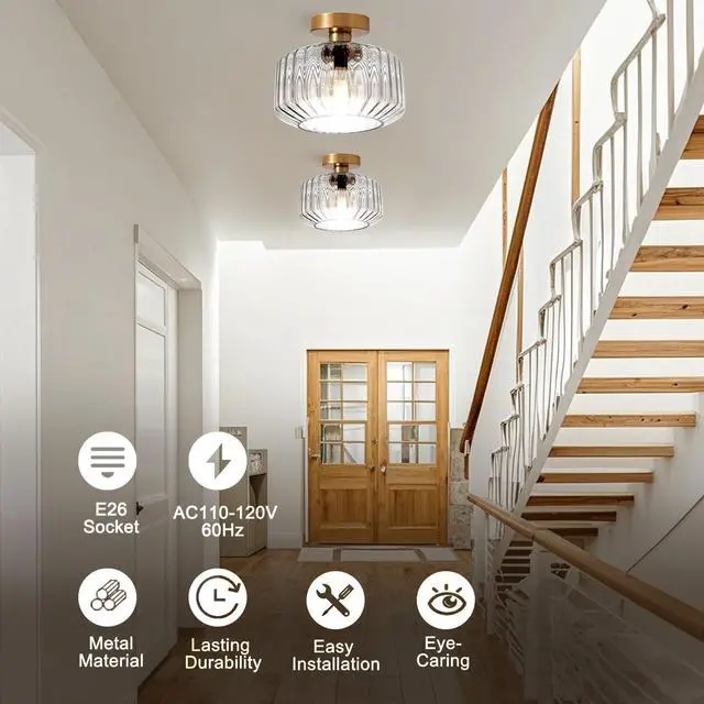 Alt view image 3 of 7 - Modern Flush Mount Ceiling Light Brushed Gold Ceiling Light Fixture Striped Glass Mid Century Close to Ceiling Lamp Clear Glass Ceiling Pendant Light for Indoor Hallway Porch Bedroom