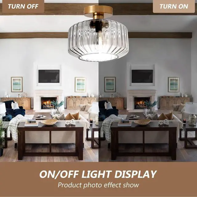 Alt view image 4 of 7 - Modern Flush Mount Ceiling Light Brushed Gold Ceiling Light Fixture Striped Glass Mid Century Close to Ceiling Lamp Clear Glass Ceiling Pendant Light for Indoor Hallway Porch Bedroom