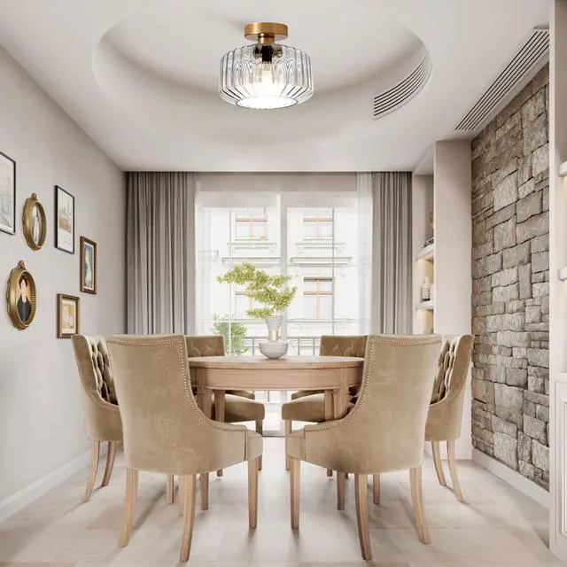 Alt view image 6 of 7 - Modern Flush Mount Ceiling Light Brushed Gold Ceiling Light Fixture Striped Glass Mid Century Close to Ceiling Lamp Clear Glass Ceiling Pendant Light for Indoor Hallway Porch Bedroom