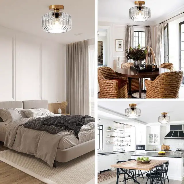 Alt view image 5 of 7 - Modern Flush Mount Ceiling Light Brushed Gold Ceiling Light Fixture Striped Glass Mid Century Close to Ceiling Lamp Clear Glass Ceiling Pendant Light for Indoor Hallway Porch Bedroom