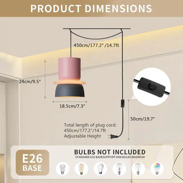 Alt view image 2 of 7 - Plug in Hanging Lamp Nordic Modern Ceiling Pendant Lights with Aluminum Finish Shade 14.7 ft Plug-in Cord Colorful Macaron Pendant Lights for Kitchen Island Dining Room Bedroom