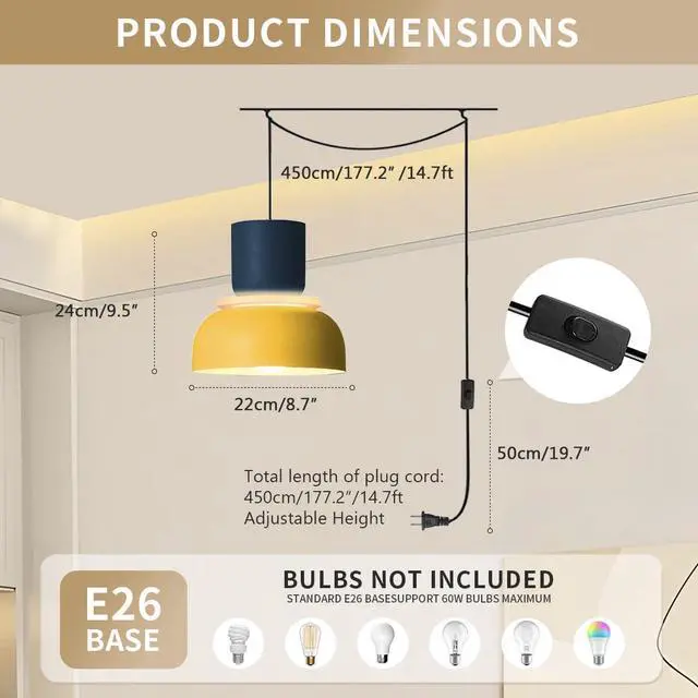 Alt view image 2 of 7 - Plug in Pendant Lamp Macaron Pendant Lights with 14.7 ft Plug-in Cord On/Off Switch Nordic Modern Ceiling Light Fixture Aluminum Barn Shade Colorful Chandelier for Dining Room
