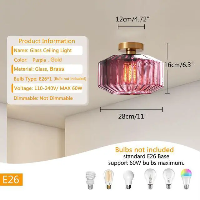 Alt view image 2 of 7 - Gold Flush Mount Ceiling Light Globe Glass Ceiling Lamp Large Purple Stripe Glass Shade Mid Century Modern Close to Ceiling Light Fixture for Hallway Bedroom Dining Room Stairway