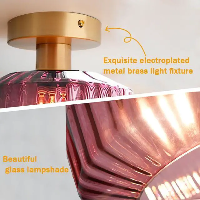 Alt view image 3 of 7 - Gold Flush Mount Ceiling Light Globe Glass Ceiling Lamp Large Purple Stripe Glass Shade Mid Century Modern Close to Ceiling Light Fixture for Hallway Bedroom Dining Room Stairway