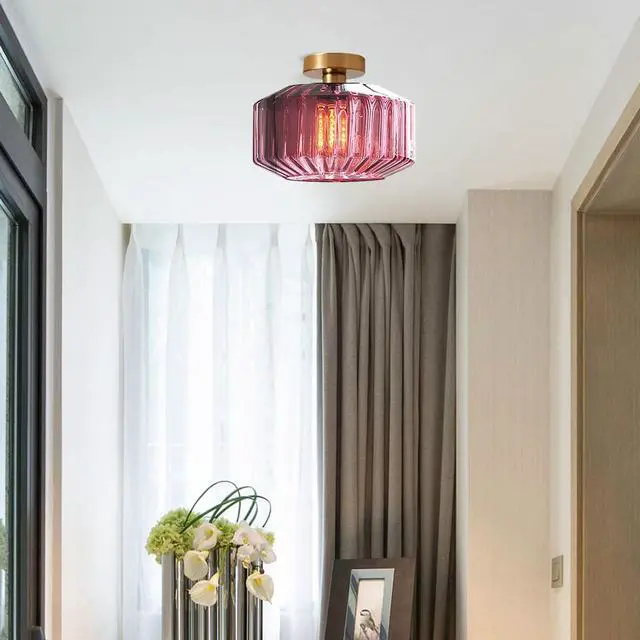Alt view image 4 of 7 - Gold Flush Mount Ceiling Light Globe Glass Ceiling Lamp Large Purple Stripe Glass Shade Mid Century Modern Close to Ceiling Light Fixture for Hallway Bedroom Dining Room Stairway