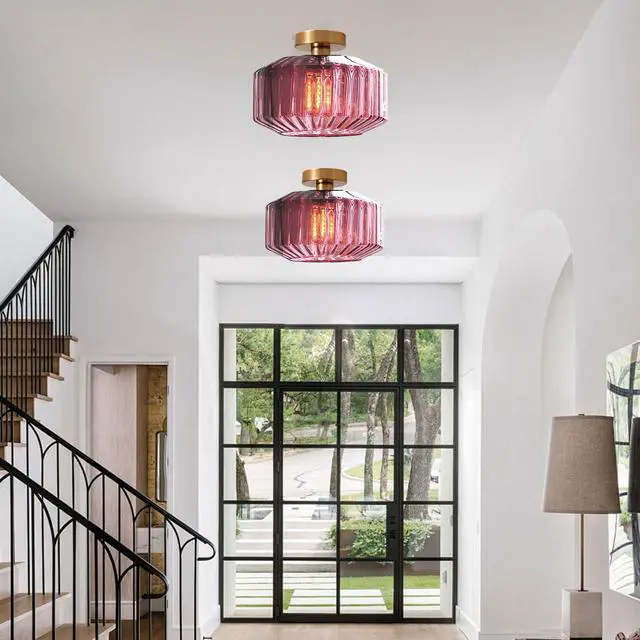 Alt view image 5 of 7 - Gold Flush Mount Ceiling Light Globe Glass Ceiling Lamp Large Purple Stripe Glass Shade Mid Century Modern Close to Ceiling Light Fixture for Hallway Bedroom Dining Room Stairway