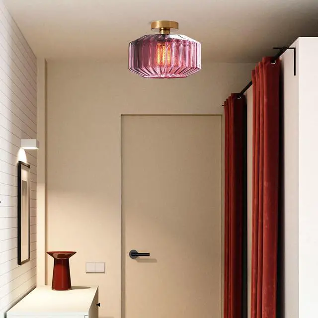 Alt view image 6 of 7 - Gold Flush Mount Ceiling Light Globe Glass Ceiling Lamp Large Purple Stripe Glass Shade Mid Century Modern Close to Ceiling Light Fixture for Hallway Bedroom Dining Room Stairway