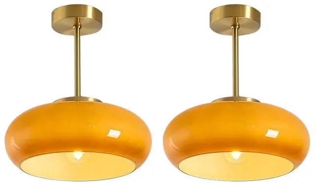 Main image of Gold Semi Flush Mount Ceiling Light Glass Mid Century Modern Ceiling Lamp Brushed Brass Flush Mount Ceiling Light with Orange Dome Glass Shade for Hallway Dining Room Bedroom