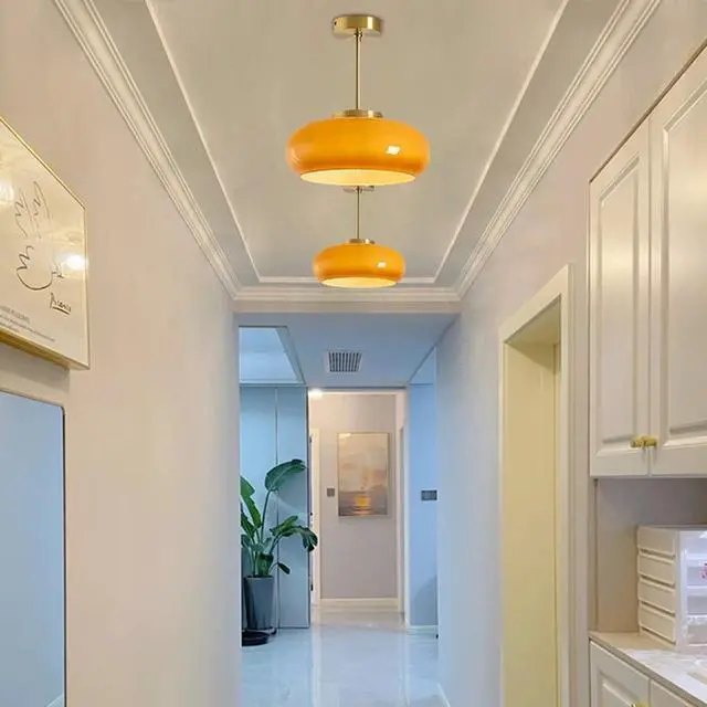 Alt view image 2 of 6 - Gold Semi Flush Mount Ceiling Light Glass Mid Century Modern Ceiling Lamp Brushed Brass Flush Mount Ceiling Light with Orange Dome Glass Shade for Hallway Dining Room Bedroom
