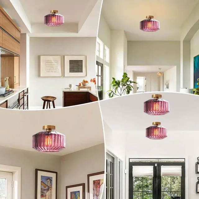 Alt view image 7 of 7 - Gold Flush Mount Ceiling Light Globe Glass Ceiling Lamp Large Purple Stripe Glass Shade Mid Century Modern Close to Ceiling Light Fixture for Hallway Bedroom Dining Room Stairway