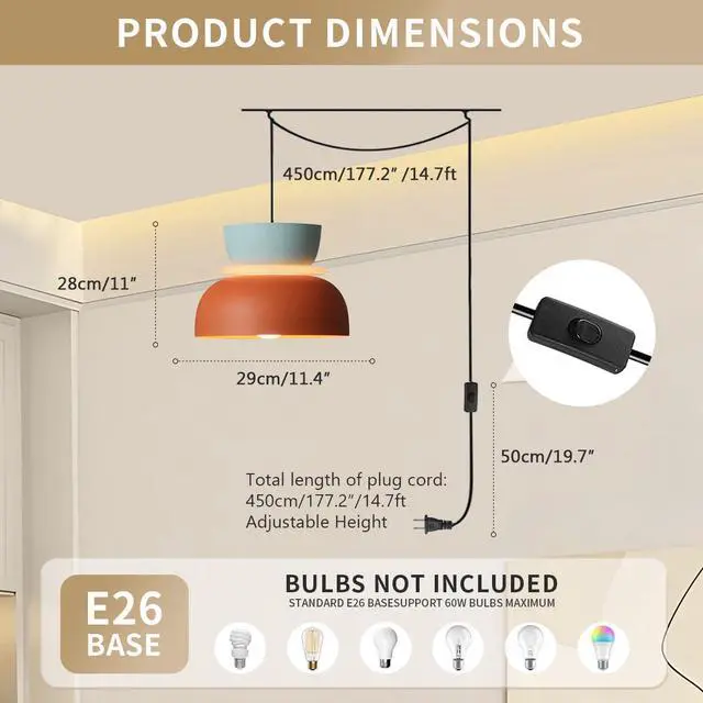 Alt view image 2 of 7 - Plug in Hanging Pendant Light Macaron with 14.7ft Cord On/Off Switch | Nordic Modern Hanging Lamp,Mid Century Light Fixture,Colorful Barn Shade, Bedside, Living Bedroom, Apartment, Reading Nook