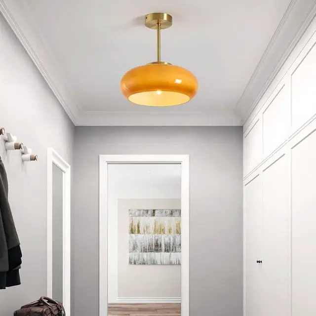 Alt view image 3 of 6 - Gold Semi Flush Mount Ceiling Light Glass Mid Century Modern Ceiling Lamp Brushed Brass Flush Mount Ceiling Light with Orange Dome Glass Shade for Hallway Dining Room Bedroom