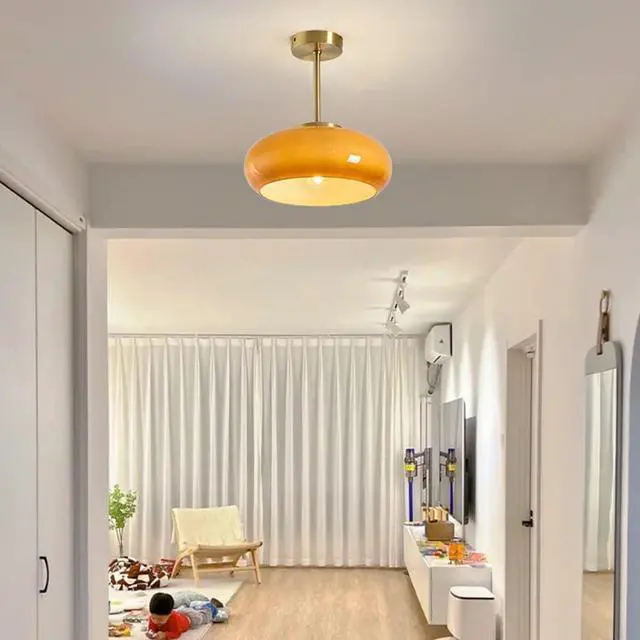 Alt view image 4 of 6 - Gold Semi Flush Mount Ceiling Light Glass Mid Century Modern Ceiling Lamp Brushed Brass Flush Mount Ceiling Light with Orange Dome Glass Shade for Hallway Dining Room Bedroom