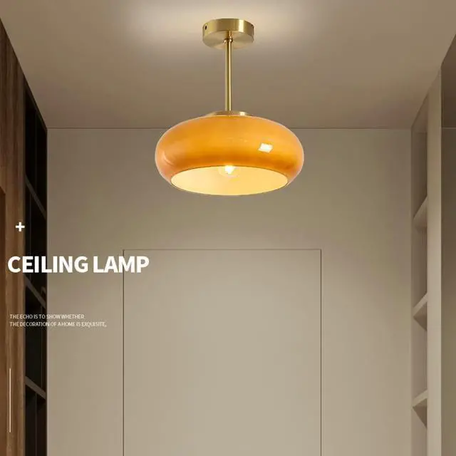 Alt view image 5 of 6 - Gold Semi Flush Mount Ceiling Light Glass Mid Century Modern Ceiling Lamp Brushed Brass Flush Mount Ceiling Light with Orange Dome Glass Shade for Hallway Dining Room Bedroom