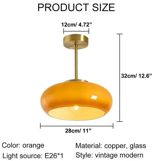 Alt view image 6 of 6 - Gold Semi Flush Mount Ceiling Light Glass Mid Century Modern Ceiling Lamp Brushed Brass Flush Mount Ceiling Light with Orange Dome Glass Shade for Hallway Dining Room Bedroom