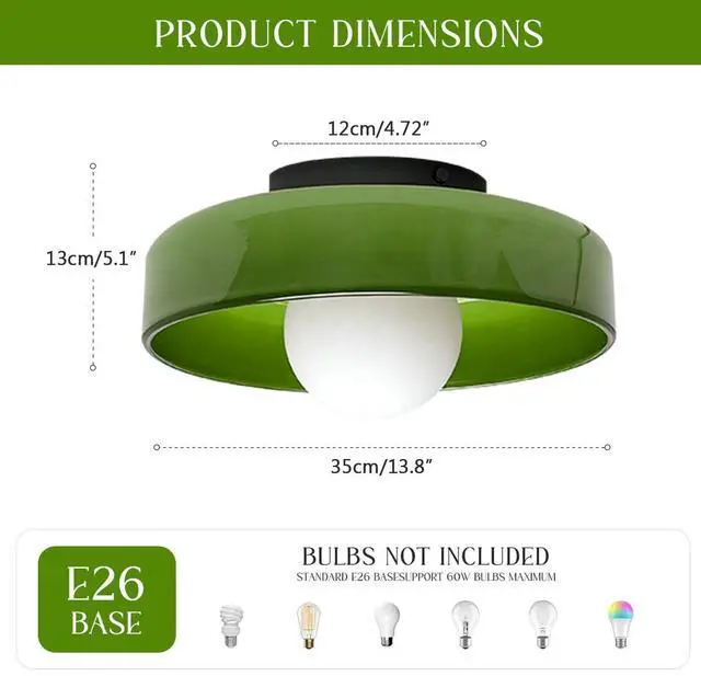 Alt view image 2 of 7 - Light Green Ceiling Light Fixture Large Glass Flush Mount Ceiling Lights Mid Century Modern Close to Lamp with 13.8in Dome Shade Vintage Semi Flush Mount Lights for Hallway Entryway