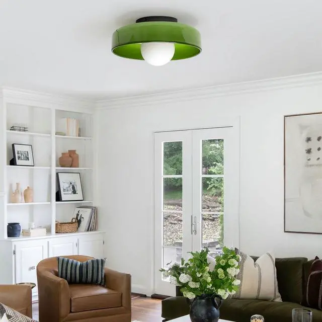 Alt view image 6 of 7 - Light Green Ceiling Light Fixture Large Glass Flush Mount Ceiling Lights Mid Century Modern Close to Lamp with 13.8in Dome Shade Vintage Semi Flush Mount Lights for Hallway Entryway