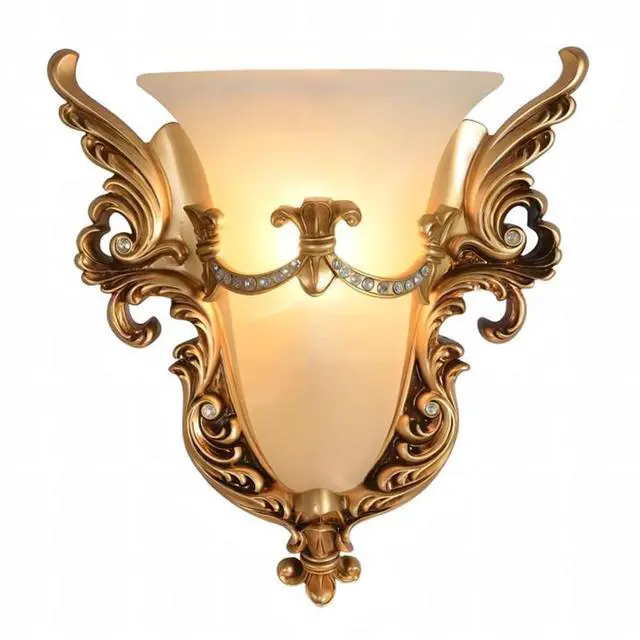 Main image of Glass Wall Sconce 1-Light Vintage Gold Wall Sconce with Frosted Glass Shade Resin Angel Wings Style Unique Wall Lamp Antique Modern Wall Light for Living Room Hallway Bedside (Gold)