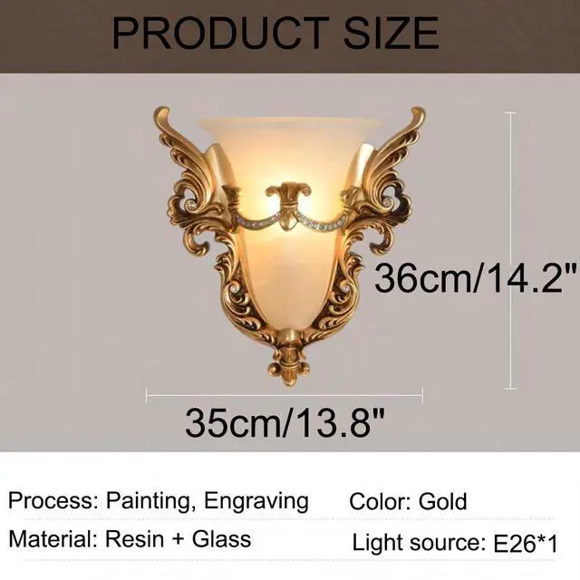 Alt view image 2 of 7 - Glass Wall Sconce 1-Light Vintage Gold Wall Sconce with Frosted Glass Shade Resin Angel Wings Style Unique Wall Lamp Antique Modern Wall Light for Living Room Hallway Bedside (Gold)