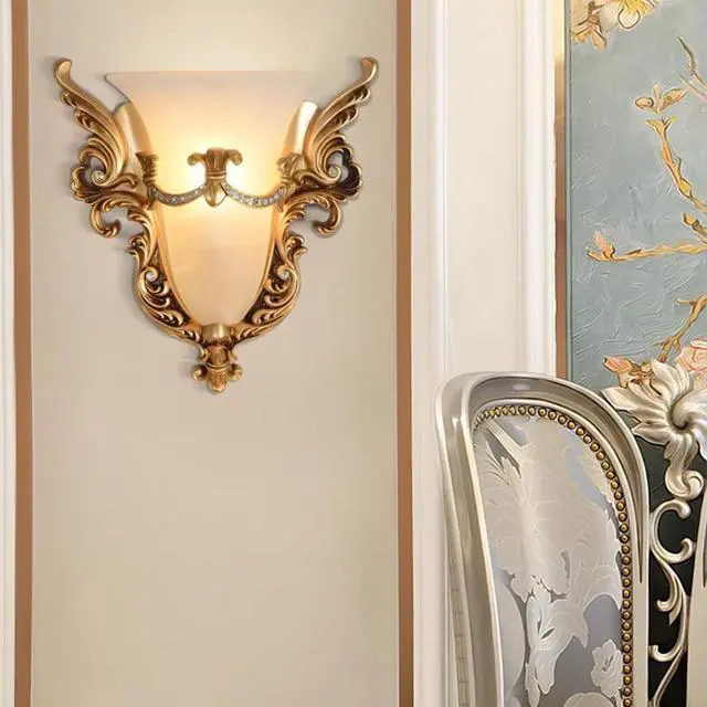 Alt view image 4 of 7 - Glass Wall Sconce 1-Light Vintage Gold Wall Sconce with Frosted Glass Shade Resin Angel Wings Style Unique Wall Lamp Antique Modern Wall Light for Living Room Hallway Bedside (Gold)