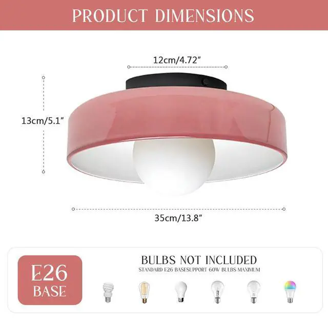 Alt view image 2 of 7 - Pink Flush Mount Ceiling Light 13.8in Dome Glass Shade Mid Century Modern Ceiling Lamp Large Hand-Blown Glass Close to Lighting Fixture for Hallway Bedroom Kitchen Entrance Bedroom