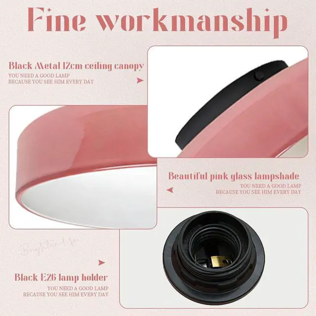 Alt view image 3 of 7 - Pink Flush Mount Ceiling Light 13.8in Dome Glass Shade Mid Century Modern Ceiling Lamp Large Hand-Blown Glass Close to Lighting Fixture for Hallway Bedroom Kitchen Entrance Bedroom