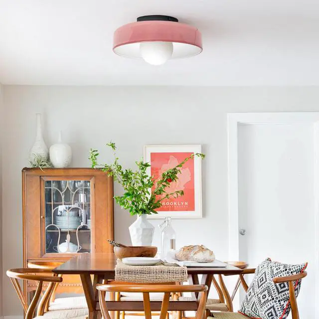 Alt view image 5 of 7 - Pink Flush Mount Ceiling Light 13.8in Dome Glass Shade Mid Century Modern Ceiling Lamp Large Hand-Blown Glass Close to Lighting Fixture for Hallway Bedroom Kitchen Entrance Bedroom