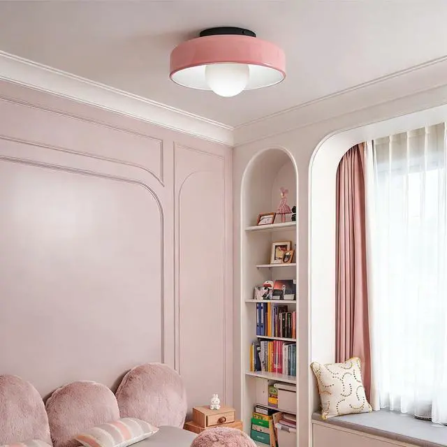 Alt view image 4 of 7 - Pink Flush Mount Ceiling Light 13.8in Dome Glass Shade Mid Century Modern Ceiling Lamp Large Hand-Blown Glass Close to Lighting Fixture for Hallway Bedroom Kitchen Entrance Bedroom