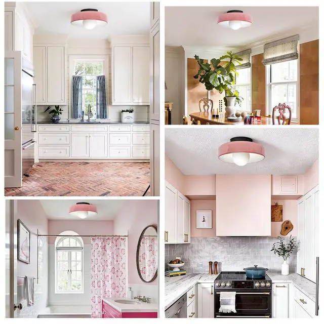 Alt view image 6 of 7 - Pink Flush Mount Ceiling Light 13.8in Dome Glass Shade Mid Century Modern Ceiling Lamp Large Hand-Blown Glass Close to Lighting Fixture for Hallway Bedroom Kitchen Entrance Bedroom