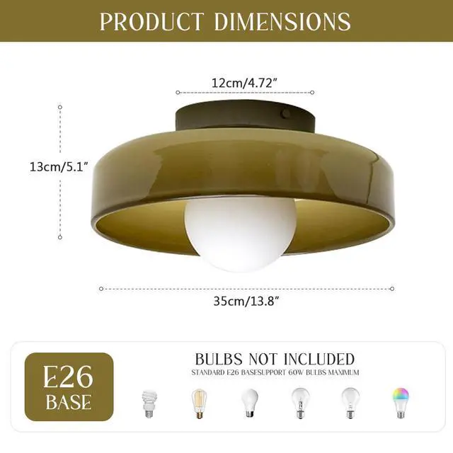 Alt view image 2 of 7 - Green Ceiling Light Fixture Hallway Flush Mount Ceiling Light | Mid Century Modern Ceiling Lamp with 13.8inch Round Dome Glass Shade, Vintage Glass Ceiling Light for Dining Bedroom Kitchen