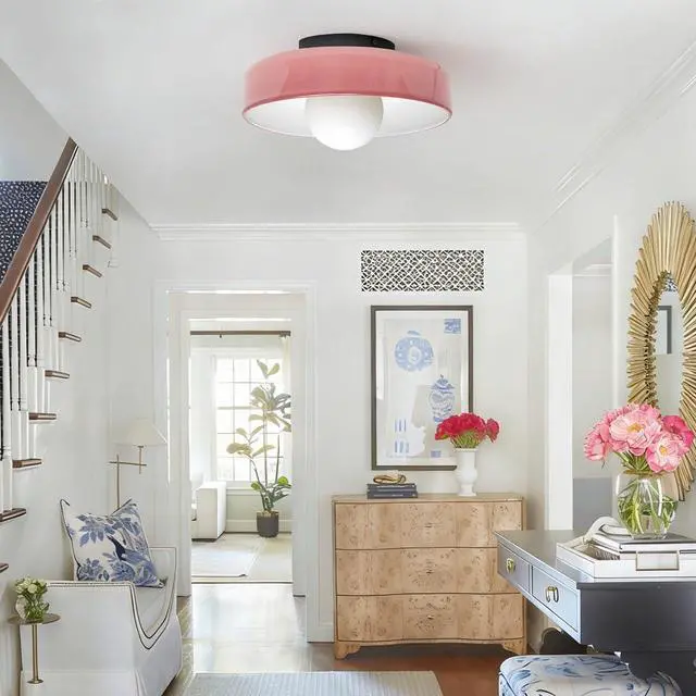 Alt view image 7 of 7 - Pink Flush Mount Ceiling Light 13.8in Dome Glass Shade Mid Century Modern Ceiling Lamp Large Hand-Blown Glass Close to Lighting Fixture for Hallway Bedroom Kitchen Entrance Bedroom