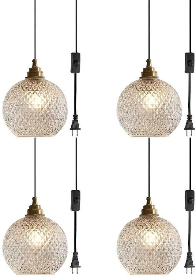 Main image of Small Plug in Pendant Light Plug in Hanging Light Fixture | 14.7Ft Corded On/Off Switch with Seeded Glass Globe Shade Modern Gold Hanging Lamp Plug in Sphere Round Lamp Shade E26 Base