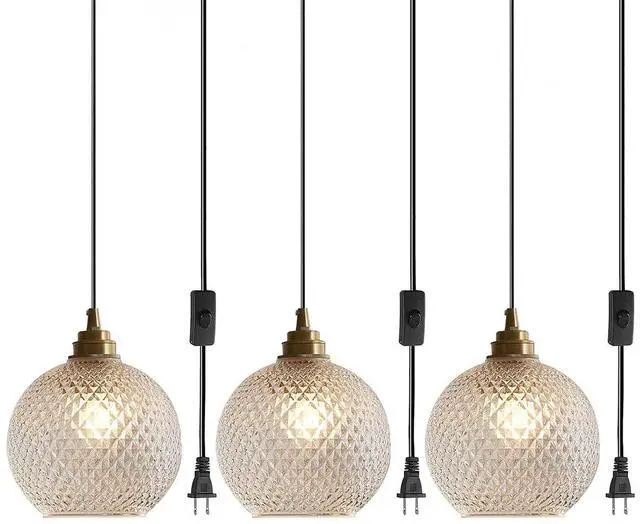 Main image of 3-Pack Kitchen Island Plug in Hanging Lamp Plug in Pendant Light | Seeded Glass Globe Shade Hanging Lamp 14.7Ft Adjustable Swag Light Fixtures E26 Base for Farmhouse Bedroom Living Dining room