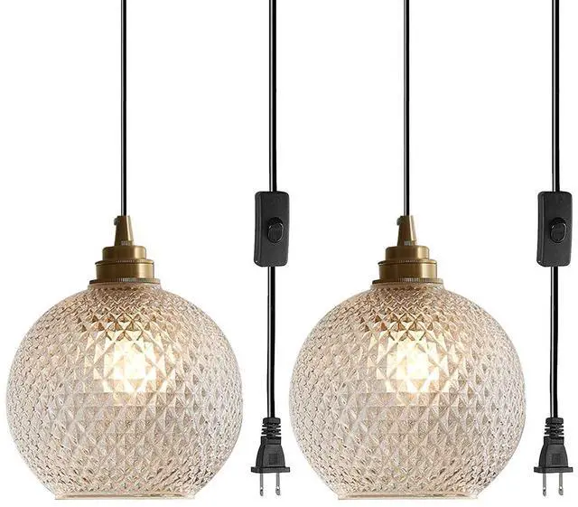Main image of Glass Globe Pendant Lamp Small Plug in Pendant Light fixtures | Gold Brass Hanging Light with 450cm/14.7Ft Plug in Cord Seeded Glass Shade Mid Century Vintage E26 Base Kitchen Living room