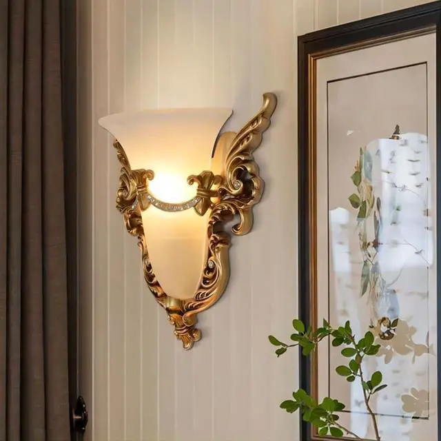 Alt view image 5 of 7 - Glass Wall Sconce 1-Light Vintage Gold Wall Sconce with Frosted Glass Shade Resin Angel Wings Style Unique Wall Lamp Antique Modern Wall Light for Living Room Hallway Bedside (Gold)
