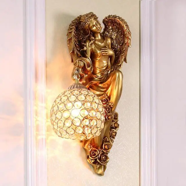 Alt view image 5 of 7 - Vintage Gold Wall Sconce Angel Wall Lamp Retro Antique Sconces Lights Baroque Crystal Glass Shade Unique Resin Light Modern Wall Mount Light Living Bedroom Hotel Hallway Bedside, Right