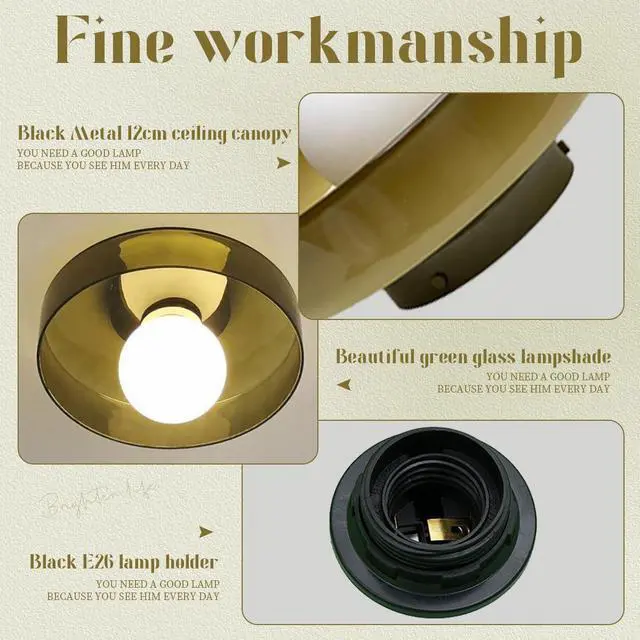 Alt view image 3 of 7 - Green Ceiling Light Fixture Hallway Flush Mount Ceiling Light | Mid Century Modern Ceiling Lamp with 13.8inch Round Dome Glass Shade, Vintage Glass Ceiling Light for Dining Bedroom Kitchen