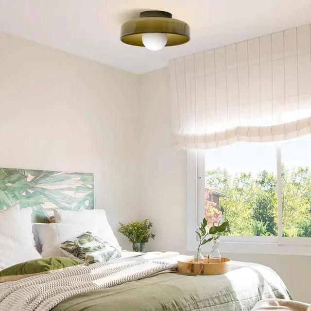 Alt view image 5 of 7 - Green Ceiling Light Fixture Hallway Flush Mount Ceiling Light | Mid Century Modern Ceiling Lamp with 13.8inch Round Dome Glass Shade, Vintage Glass Ceiling Light for Dining Bedroom Kitchen