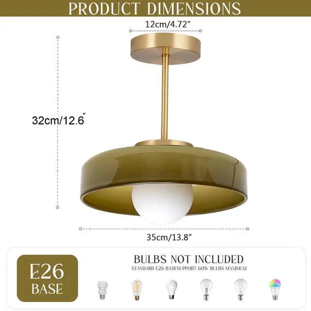 Alt view image 2 of 7 - Mid-Century Glass Ceiling Light Gold Semi Flush Mount Ceiling Light Fixture Vintage Large Ceiling Lamp Green Round Dome Glass Shade for Hallway Living Dining Room Bedroom Kitchen