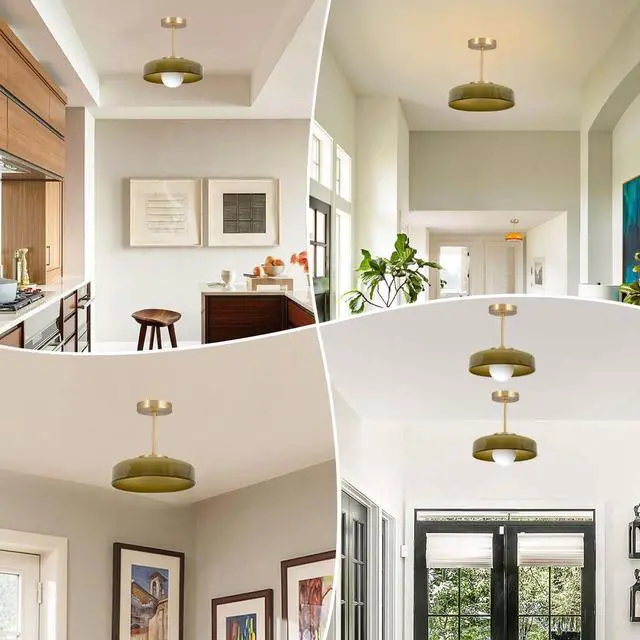 Alt view image 3 of 7 - Mid-Century Glass Ceiling Light Gold Semi Flush Mount Ceiling Light Fixture Vintage Large Ceiling Lamp Green Round Dome Glass Shade for Hallway Living Dining Room Bedroom Kitchen