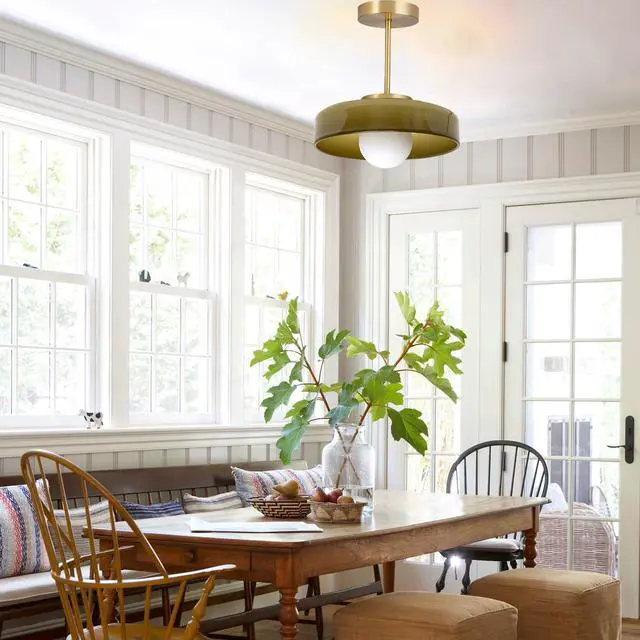 Alt view image 4 of 7 - Mid-Century Glass Ceiling Light Gold Semi Flush Mount Ceiling Light Fixture Vintage Large Ceiling Lamp Green Round Dome Glass Shade for Hallway Living Dining Room Bedroom Kitchen