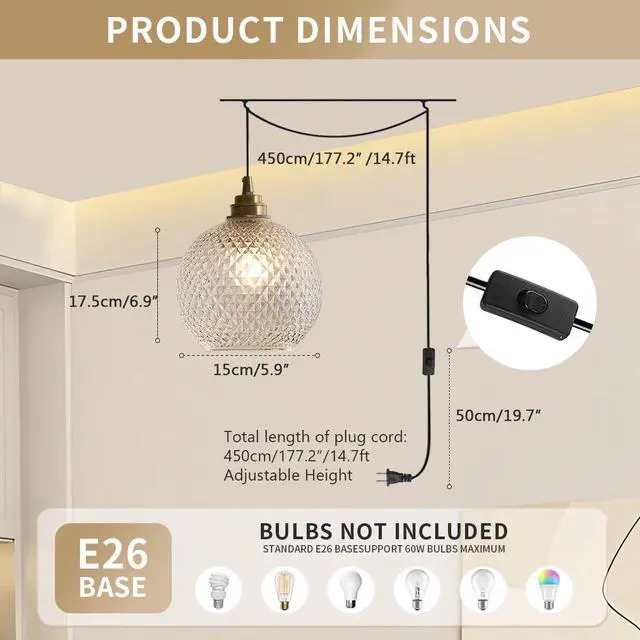 Alt view image 2 of 7 - Small Plug in Pendant Light Plug in Hanging Light Fixture | 14.7Ft Corded On/Off Switch with Seeded Glass Globe Shade Modern Gold Hanging Lamp Plug in Sphere Round Lamp Shade E26 Base