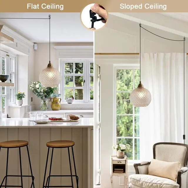 Alt view image 7 of 7 - Small Plug in Pendant Light Plug in Hanging Light Fixture | 14.7Ft Corded On/Off Switch with Seeded Glass Globe Shade Modern Gold Hanging Lamp Plug in Sphere Round Lamp Shade E26 Base