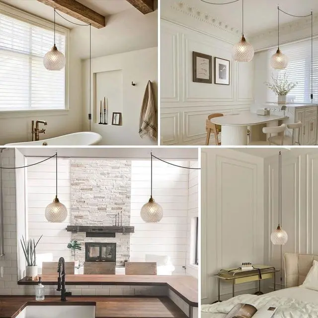 Alt view image 7 of 7 - Glass Globe Pendant Lamp Small Plug in Pendant Light fixtures | Gold Brass Hanging Light with 450cm/14.7Ft Plug in Cord Seeded Glass Shade Mid Century Vintage E26 Base Kitchen Living room
