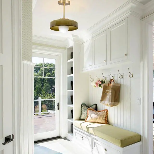 Alt view image 6 of 7 - Mid-Century Glass Ceiling Light Gold Semi Flush Mount Ceiling Light Fixture Vintage Large Ceiling Lamp Green Round Dome Glass Shade for Hallway Living Dining Room Bedroom Kitchen