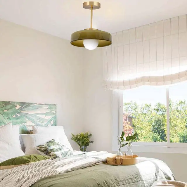 Alt view image 7 of 7 - Mid-Century Glass Ceiling Light Gold Semi Flush Mount Ceiling Light Fixture Vintage Large Ceiling Lamp Green Round Dome Glass Shade for Hallway Living Dining Room Bedroom Kitchen